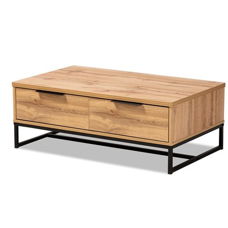 BAXTON STUDIO Franklin Modern Oak Brown Finished Wood and Black Finished Metal 2-Drawer Coffee Table 180-11208-Zoro